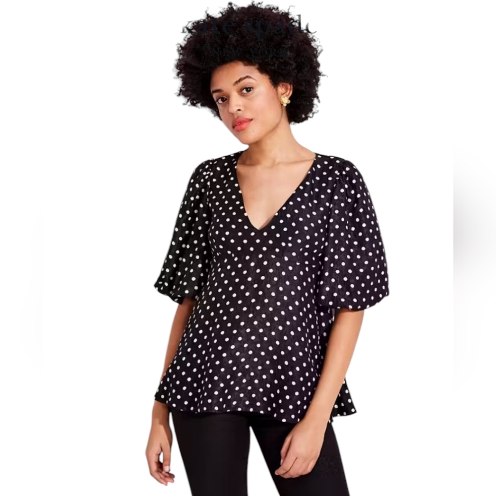 Kate Spade Harmony Dot Cloque Black & White Babydoll Puff Sleeve Top Size 10